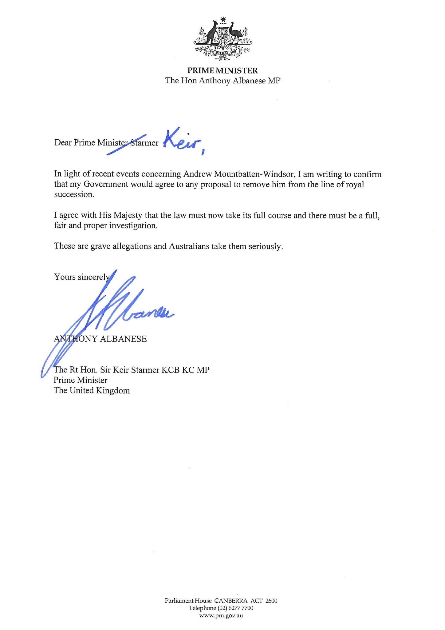 Anthony Albanese's letter to UK Prime Minister Keir Starmer.