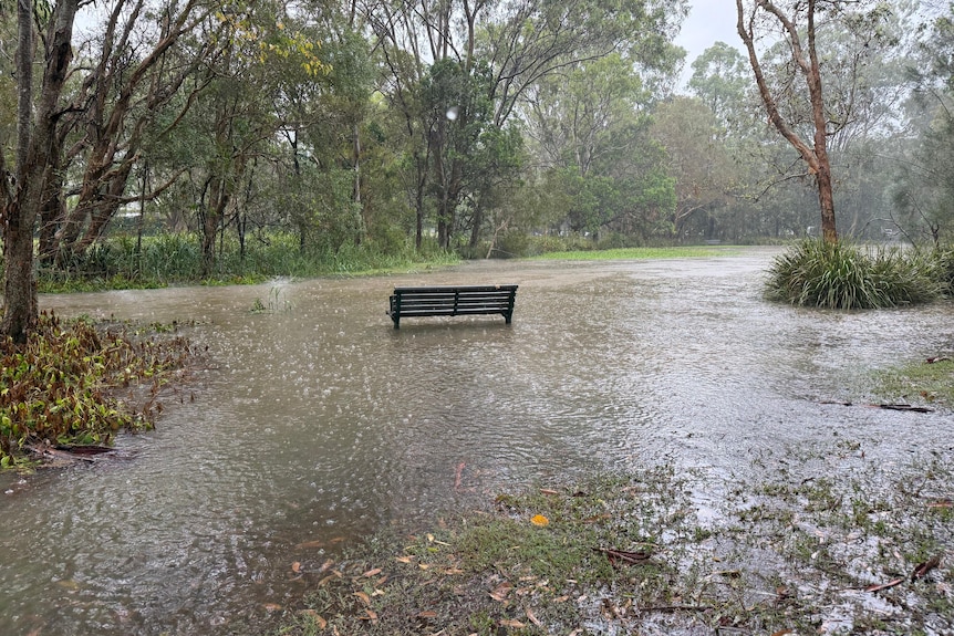 A flooded park with a bench in the water.