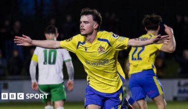 Barry Town's Ieuan Owen scores and celebrates