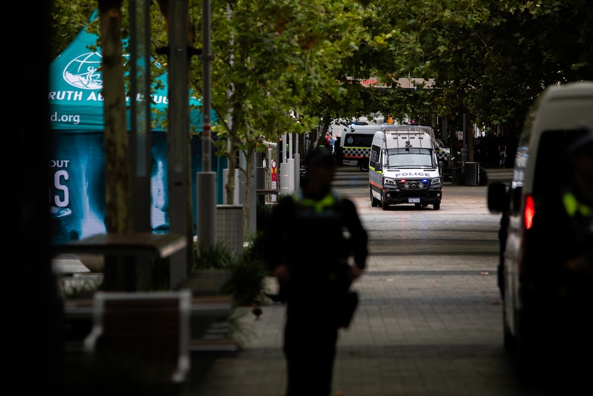 A police van drives down an empty pedestrian mall.