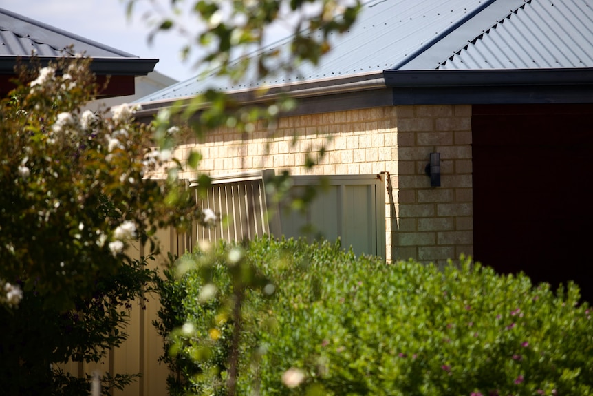 A close-up shot of the corner of an unidentified house in the suburbs of Perth, surrounded by a hedge, trees and a fence.