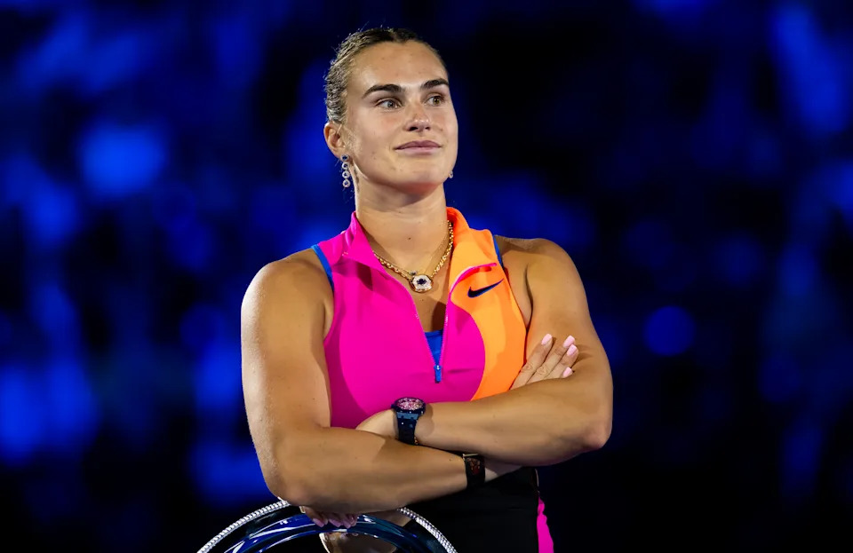 Aryna Sabalenka during the trophy ceremony.