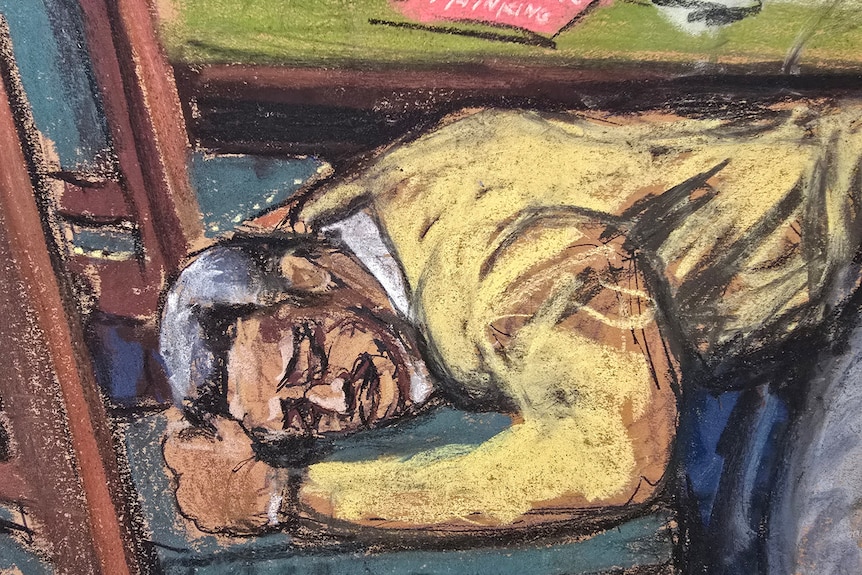 A sketch of a man on the ground banging his head against a chair.  