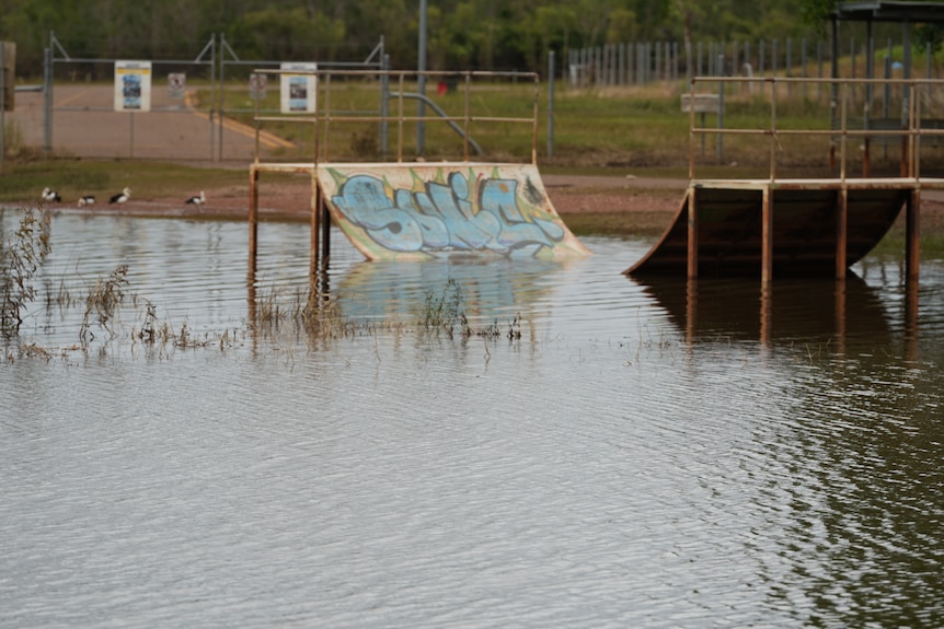 A skating half-pipe three quarters under water