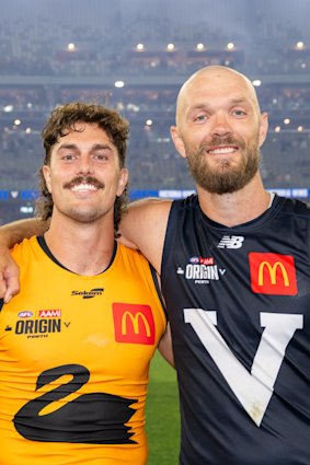 Max Gawn (right) and his former Melbourne teammate Luke Jackson, now with Fremantle, after the game.