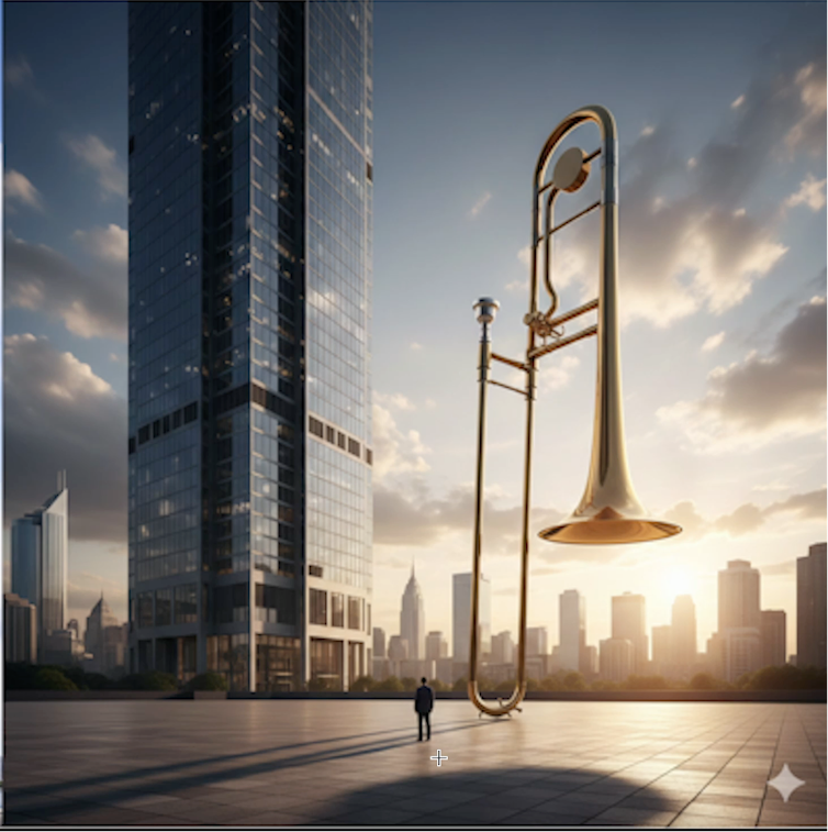 In the AI-generated image, we can see that the skyscraper and the slide trombone are almost the same size