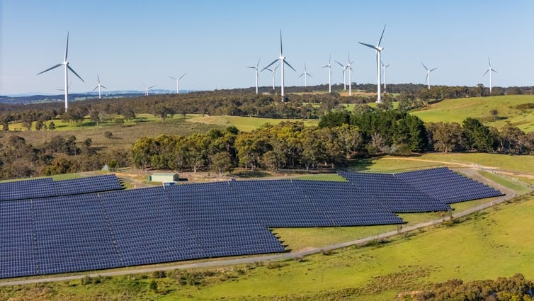solar and wind farm in Australia, aerial view.