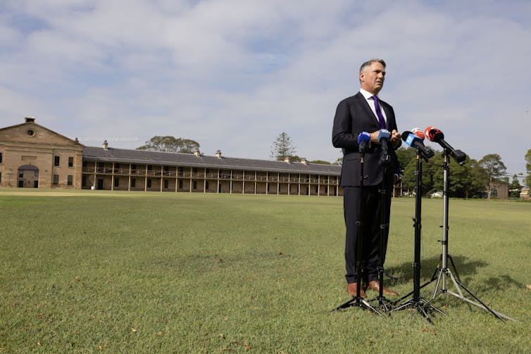 Federal Minister For Defence Richard Marles speaks to media at a press conference at the Victoria Barracks in Sydney, Friday, February 6