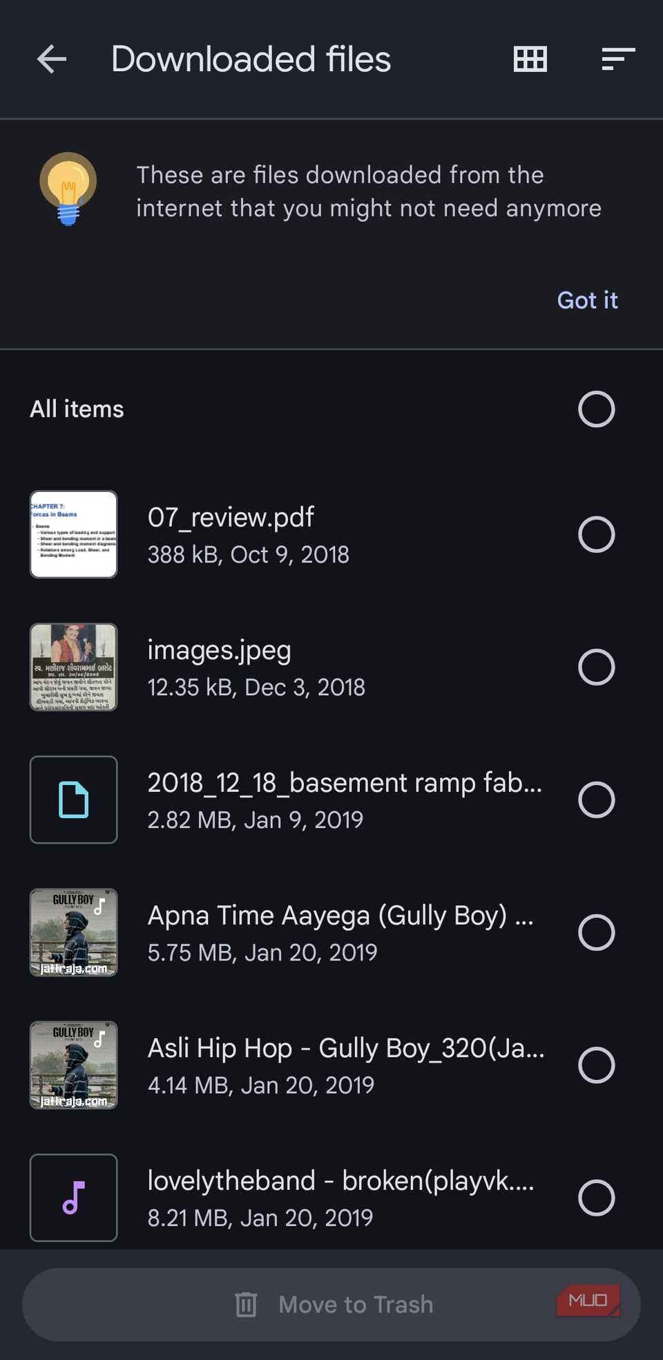 Files by Google app clear downloads menu