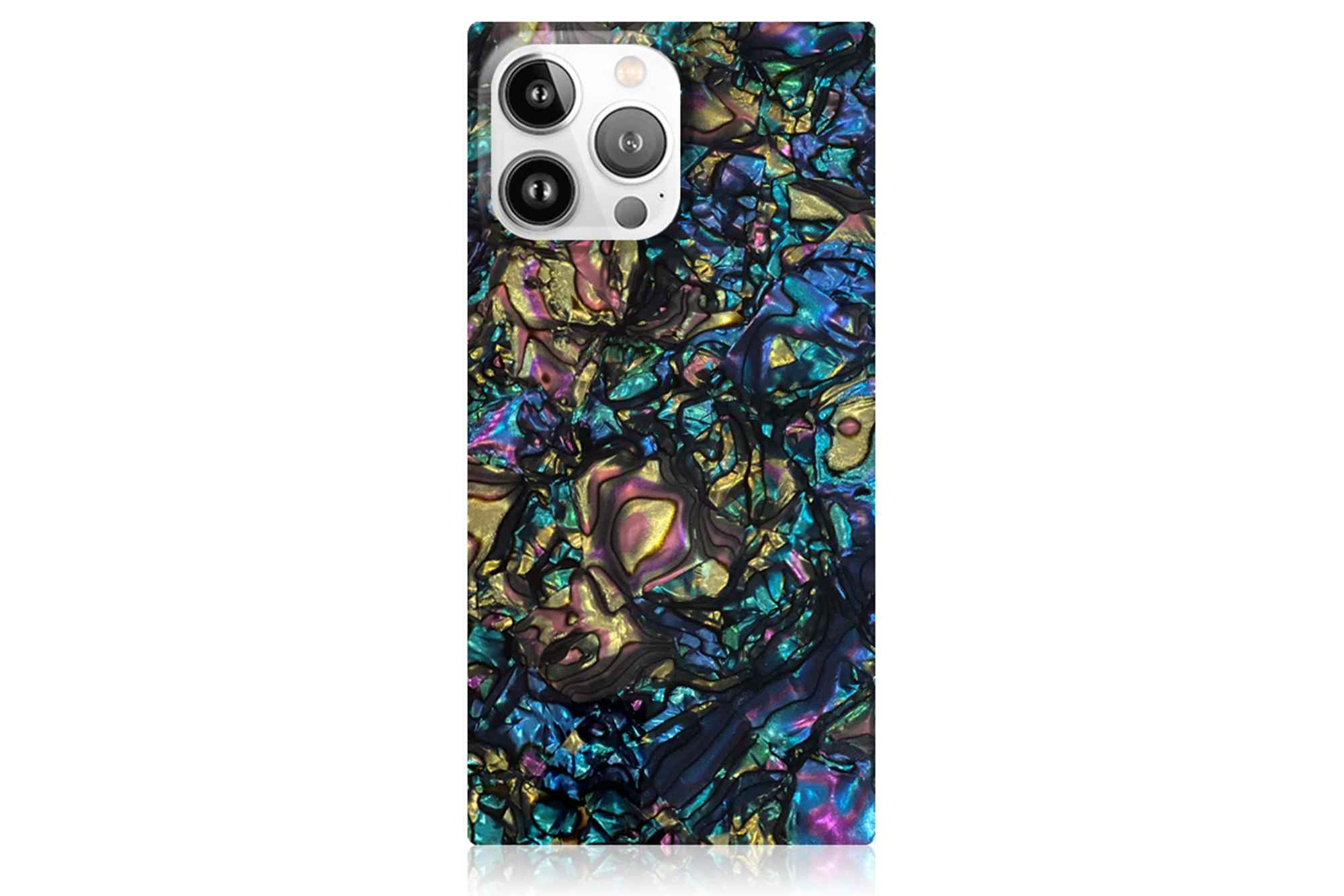 Abalone shell phone case with iridescent blues, greens, yellows, and purples.