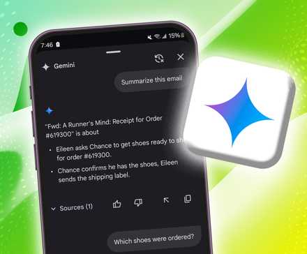 a phone showing a chat with Google Gemini next to the Gemini logo