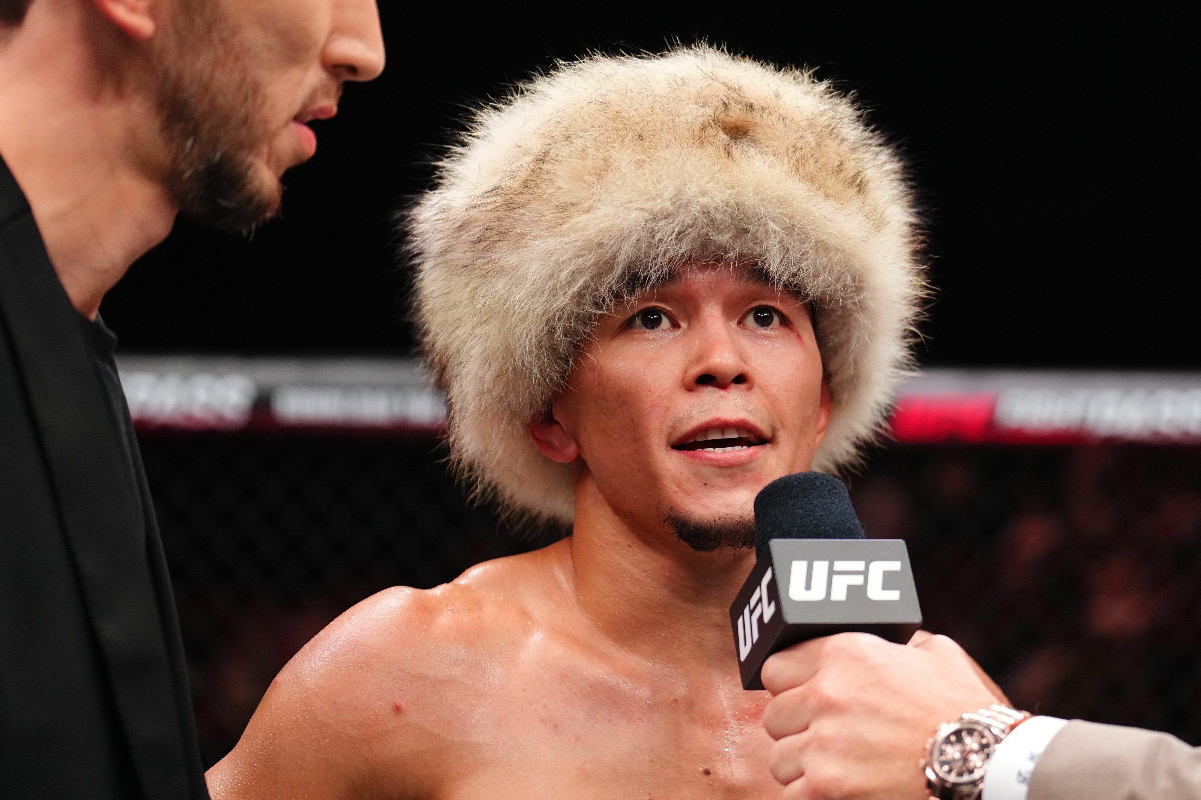 ABU DHABI, UNITED ARAB EMIRATES - JULY 26: Asu Almabayev of Kazakstan reacts after a victory against Jose Ochoa of Peru in a flyweight fight during the UFC Fight Night event at Etihad Arena on July 26, 2025 in Abu Dhabi, United Arab Emirates. (Photo by Chris Unger/Zuffa LLC)