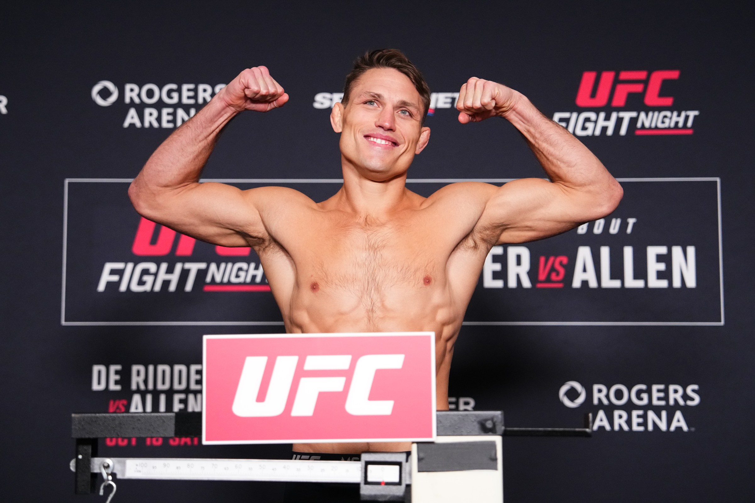 VANCOUVER, BRITISH COLUMBIA - OCTOBER 17: Drew Dober poses on the scale during the UFC Fight Night official weigh-ins at Hyatt Regency Vancouver on October 17, 2025 in Vancouver, British Columbia. (Photo by Jeff Bottari/Zuffa LLC)