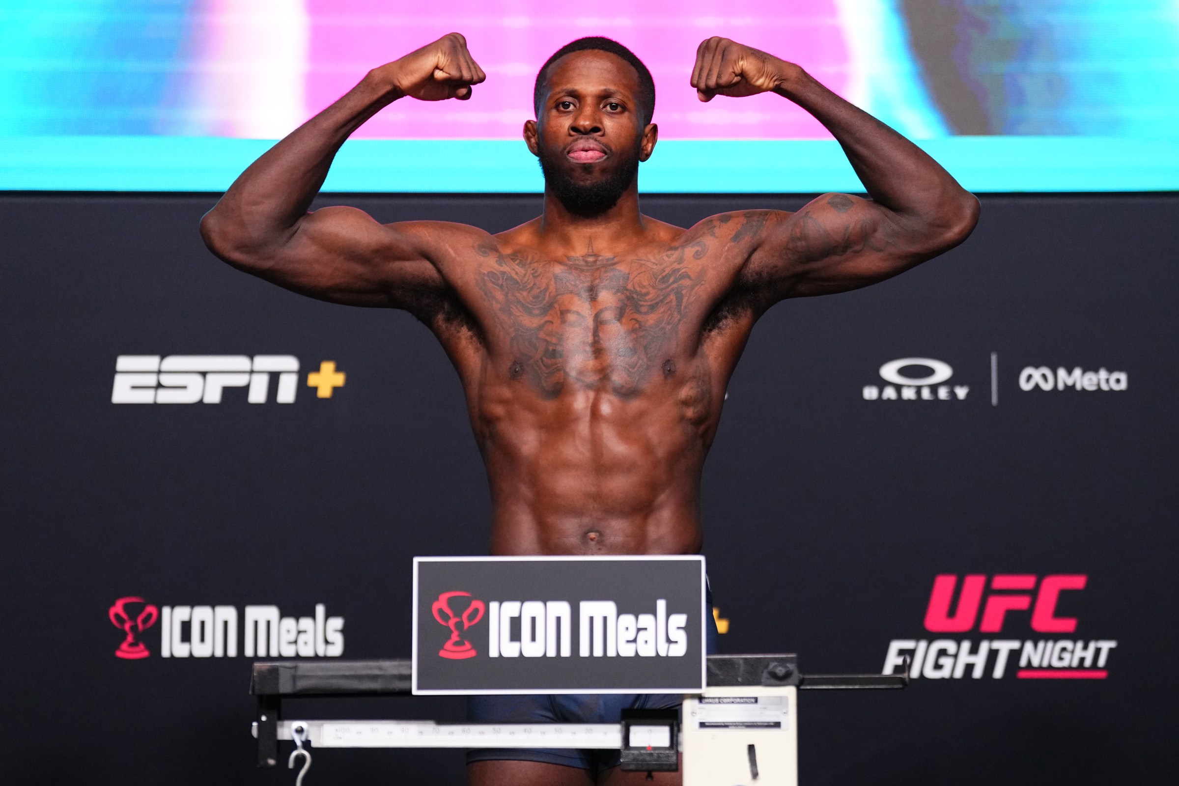 LAS VEGAS, NEVADA - NOVEMBER 07: Randy Brown of Jamaica poses on the scale during the UFC Fight Night weigh-in at UFC APEX on November 07, 2025 in Las Vegas, Nevada. (Photo by Jeff Bottari/Zuffa LLC)