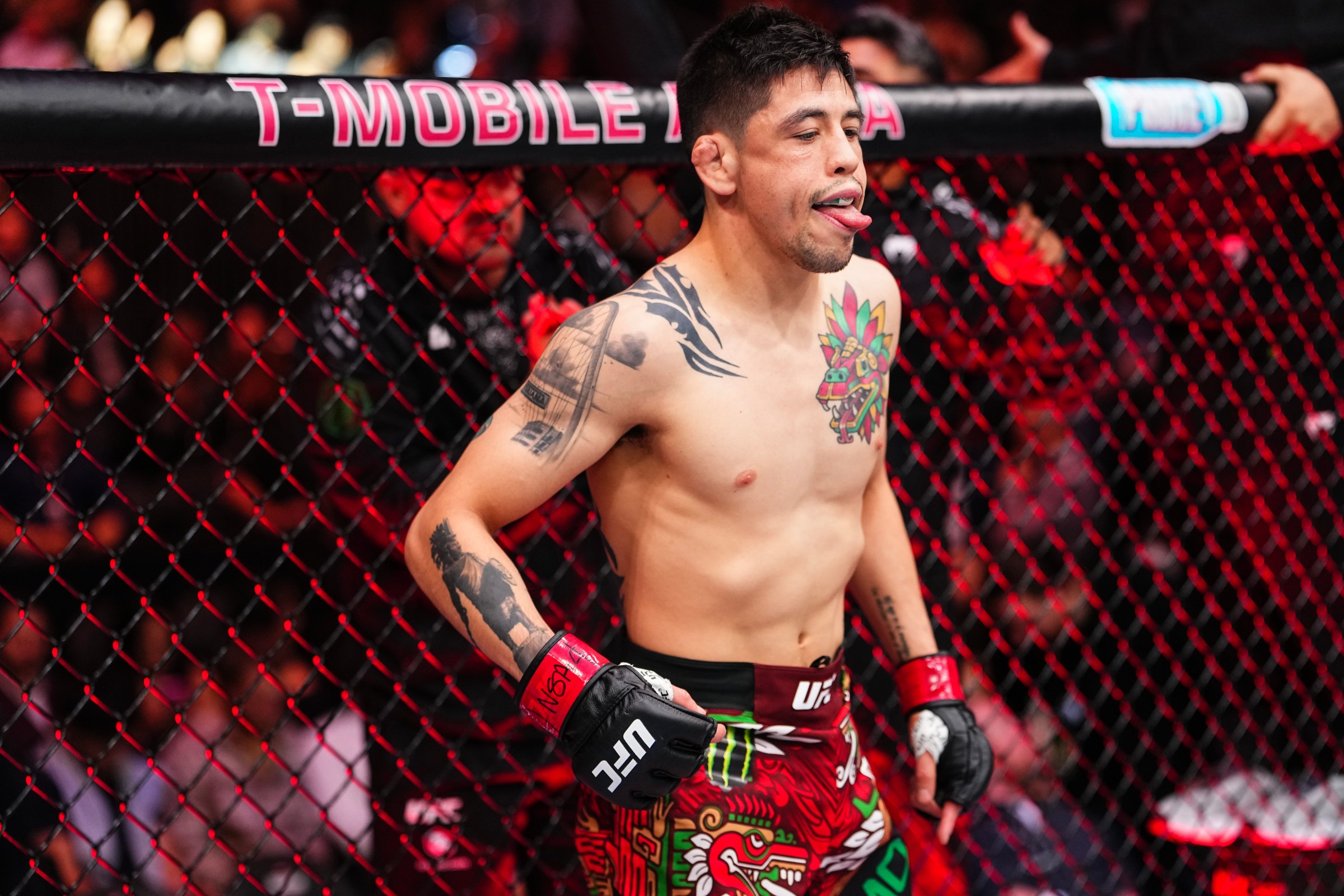 LAS VEGAS, NEVADA - DECEMBER 06: Brandon Moreno of Mexico enters the Octagon in a flyweight fight during the UFC 323 event at T-Mobile Arena on December 06, 2025 in Las Vegas, Nevada. (Photo by Jeff Bottari/Zuffa LLC)