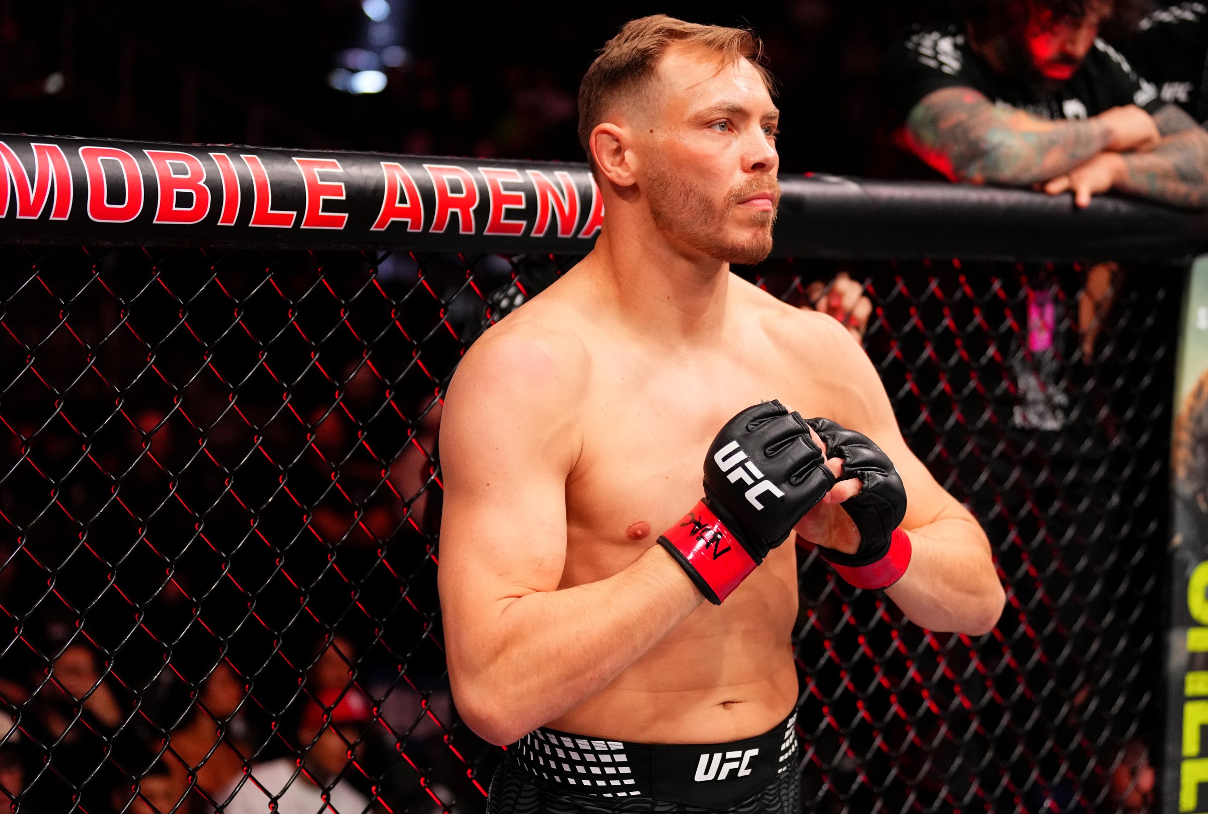 LAS VEGAS, NEVADA - JANUARY 24: Adam Fugitt enters the Octagon in a welterweight bout during the UFC 324 event at T-Mobile Arena on January 24, 2026 in Las Vegas, Nevada. (Photo by Jeff Bottari/Zuffa LLC)