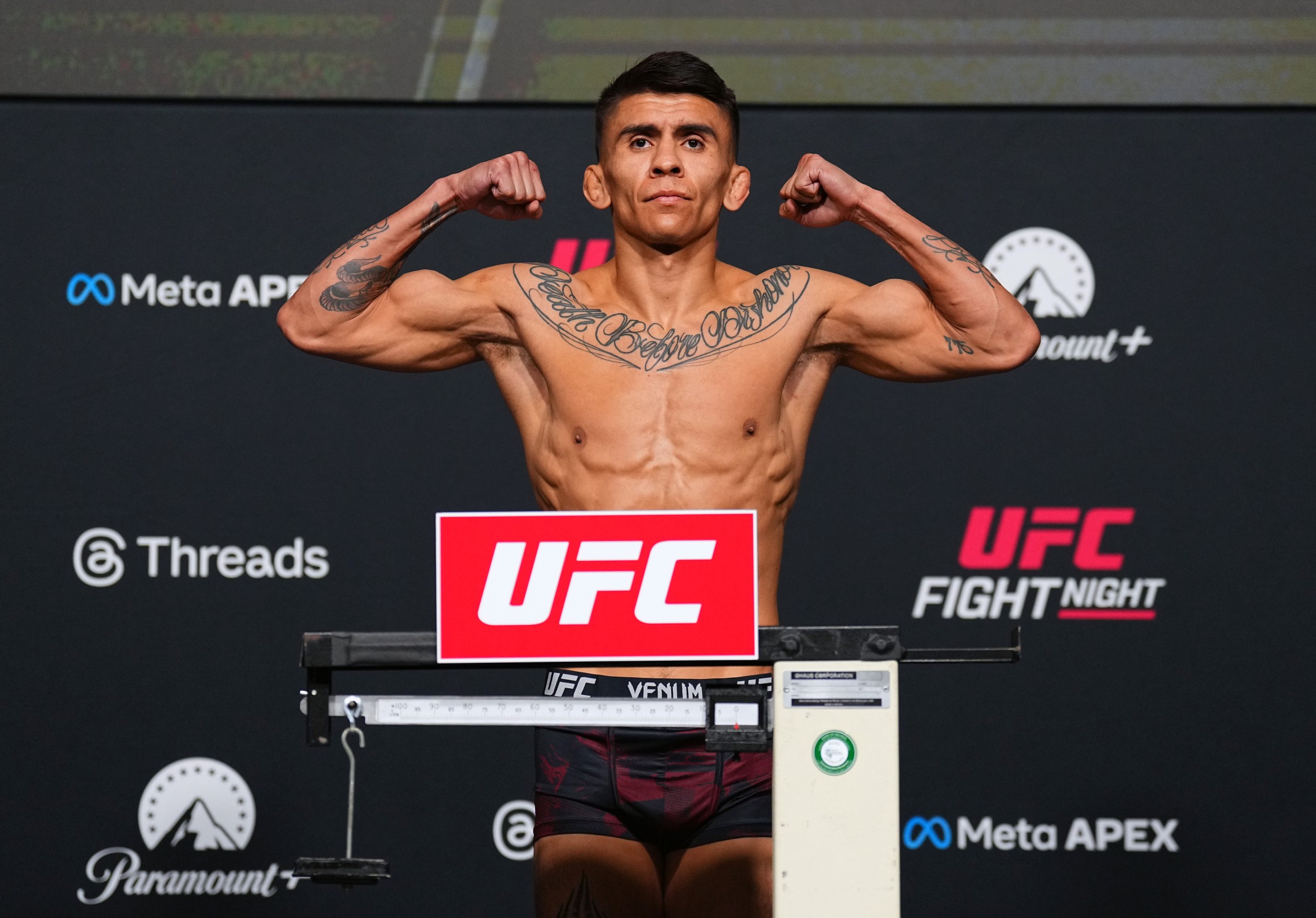 LAS VEGAS, NEVADA - FEBRUARY 06: Mario Bautista poses on the scale during the UFC Fight Night weigh-in at Meta APEX on February 06, 2026 in Las Vegas, Nevada. (Photo by Chris Unger/Zuffa LLC)