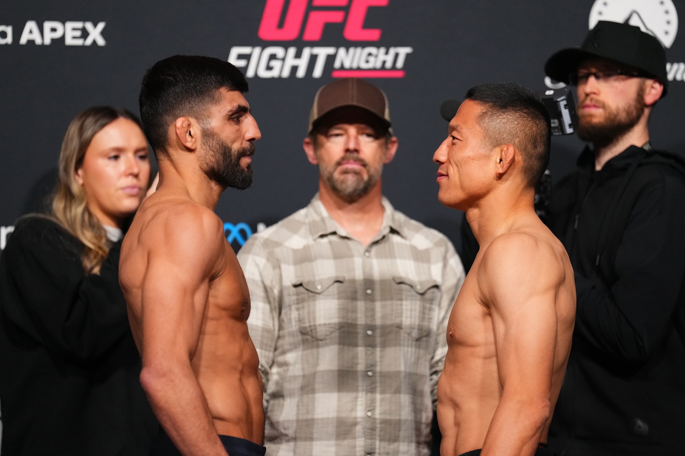 LAS VEGAS, NEVADA - FEBRUARY 06: (L-R) Amir Albazi of Iraq and Kyoji Horiguchi of Japan face off during the UFC Fight Night weigh-in at Meta APEX on February 06, 2026 in Las Vegas, Nevada. (Photo by Chris Unger/Zuffa LLC)