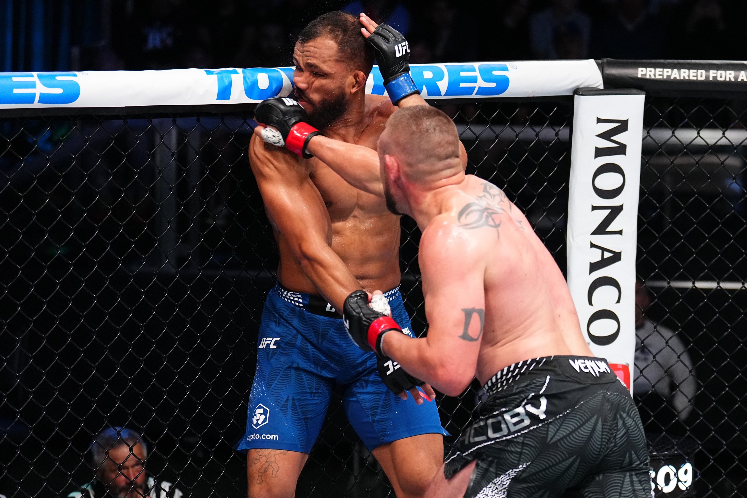 LAS VEGAS, NEVADA - FEBRUARY 07: (R-L) Dustin Jacoby punches Julius Walker in a light heavyweight fight during the UFC Fight Night event at Meta APEX on February 07, 2026 in Las Vegas, Nevada. (Photo by Chris Unger/Zuffa LLC)