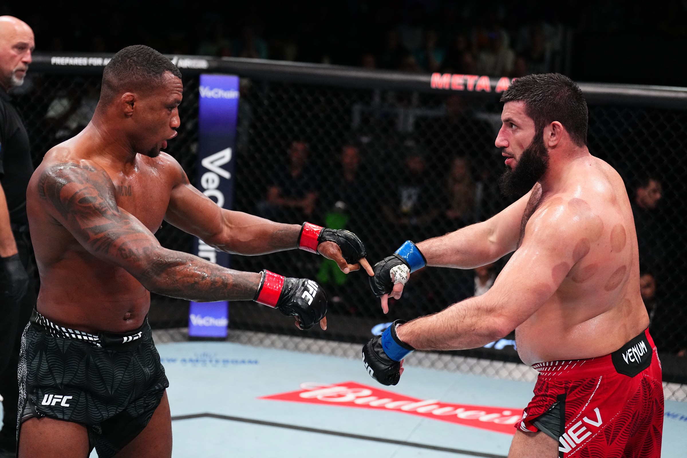 LAS VEGAS, NEVADA - FEBRUARY 07: (L-R) Jailton Almeida of Brazil and Rizvan Kuniev of Russia signal to the center of the Octagon in a heavyweight fight during the UFC Fight Night event at Meta APEX on February 07, 2026 in Las Vegas, Nevada. (Photo by Chris Unger/Zuffa LLC)