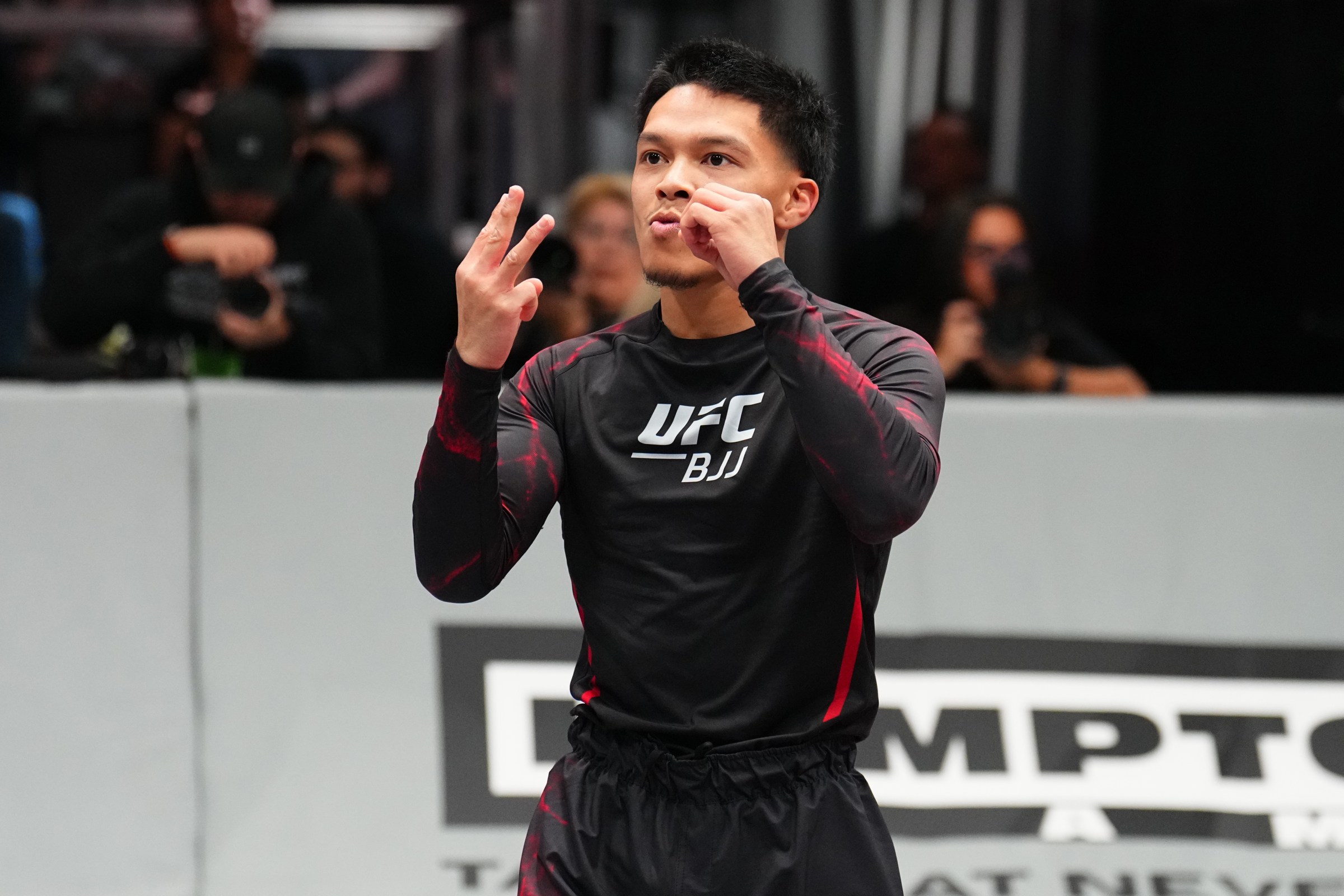 LAS VEGAS, NEVADA – FEBRUARY 12: Jalen Fonacier reacts after a submission victory against Carlos Oliveira in a bantamweight match during the UFC BJJ 5 event at Meta APEX on February 12, 2026 in Las Vegas, Nevada.