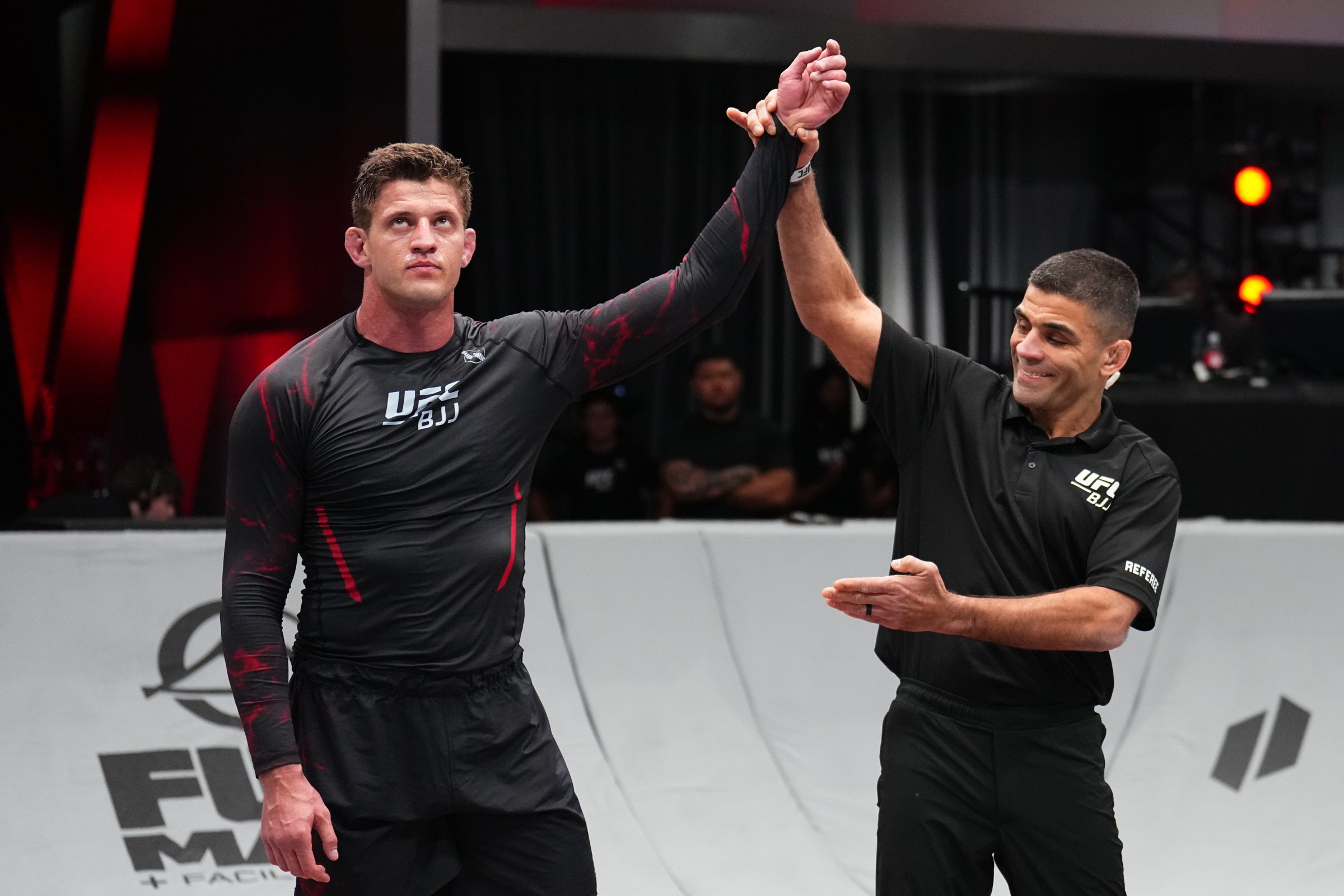LAS VEGAS, NEVADA – FEBRUARY 12: Nicholas Meregali reacts after a victory against Nicholas Maglicic in a heavyweight match during the UFC BJJ 5 event at Meta APEX on February 12, 2026 in Las Vegas, Nevada.