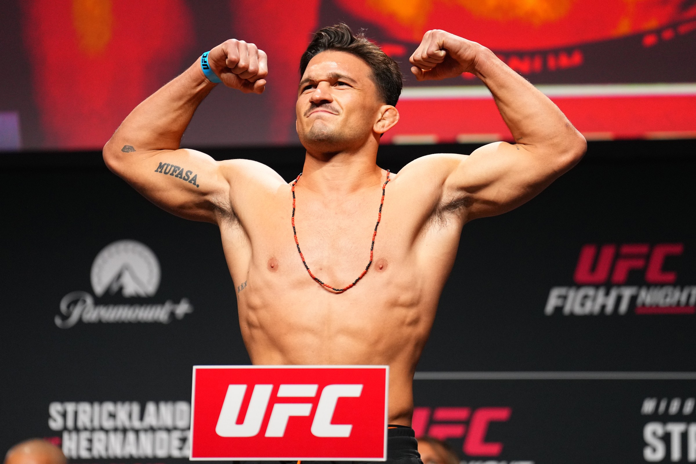 HOUSTON, TEXAS - FEBRUARY 20: Jean-Paul Lebosnoyani poses on the scale during the UFC Fight Night ceremonial weigh-in at Toyota Center on February 20, 2026 in Houston, Texas. (Photo by Chris Unger/Zuffa LLC)