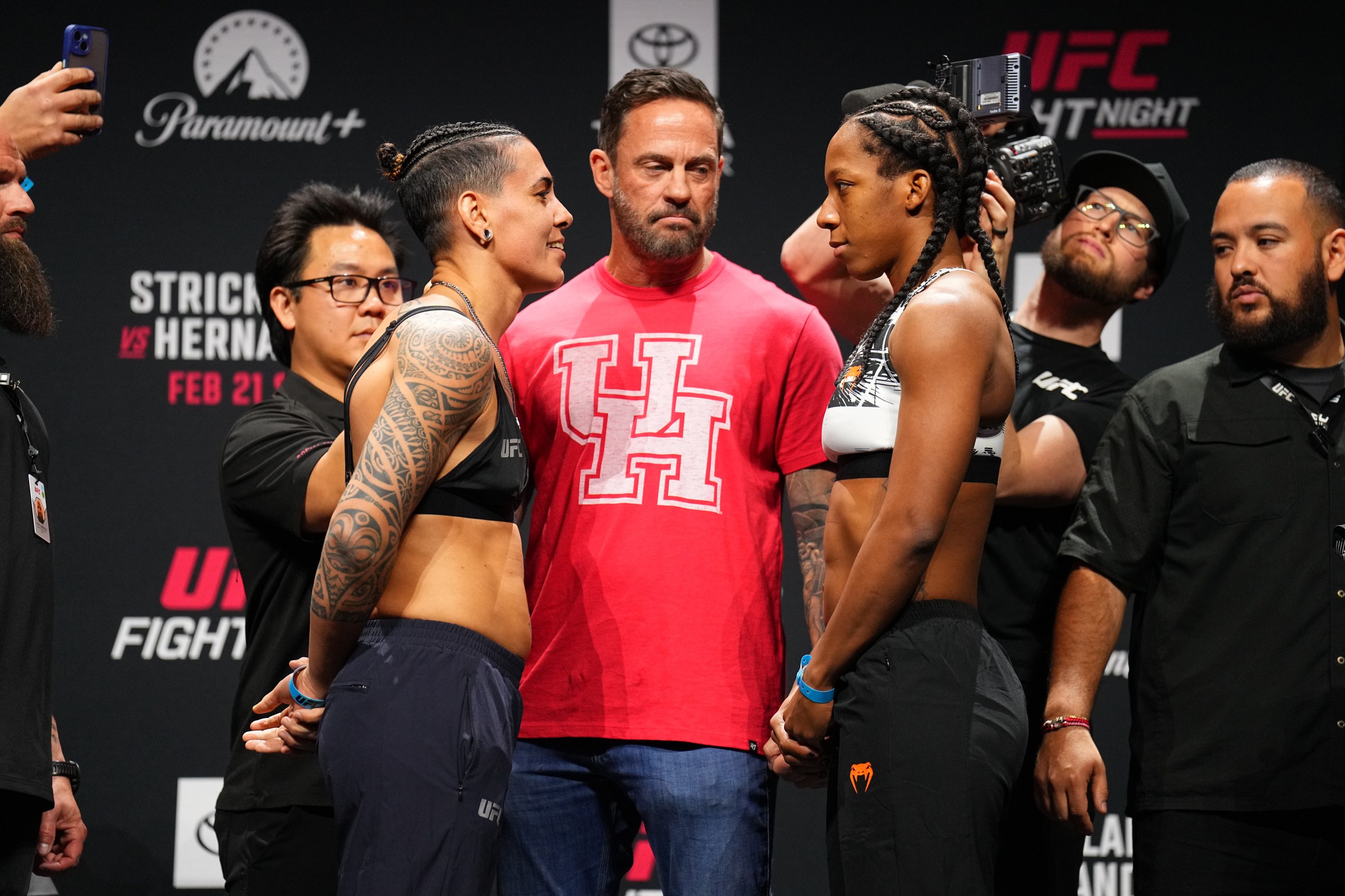 HOUSTON, TEXAS - FEBRUARY 20: (L-R) Nora Cornolle of France and Joselyne Edwards of Panama face off during the UFC Fight Night ceremonial weigh-in at Toyota Center on February 20, 2026 in Houston, Texas. (Photo by Chris Unger/Zuffa LLC)