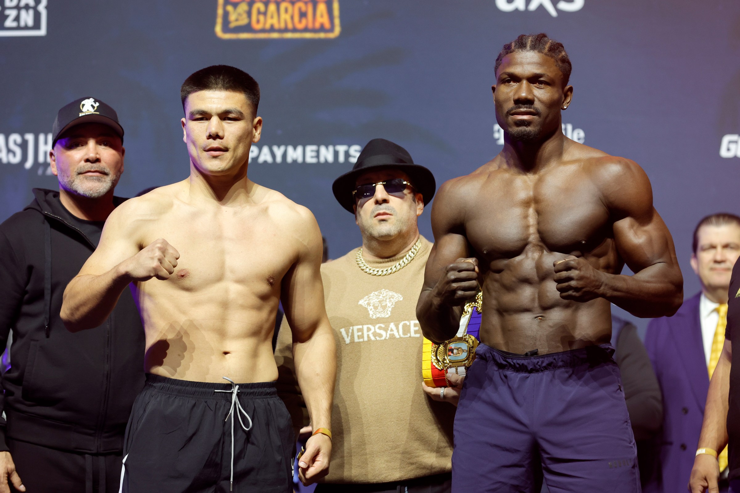 LAS VEGAS, NEVADA - FEBRUARY 20: (L-R) Super middleweight boxers Bektemir Melikuziev and Sena Agbeko pose during the ceremonial weigh-in at T-Mobile Arena on February 20, 2026 in Las Vegas, Nevada. (Photo by Steve Marcus/Getty Images)