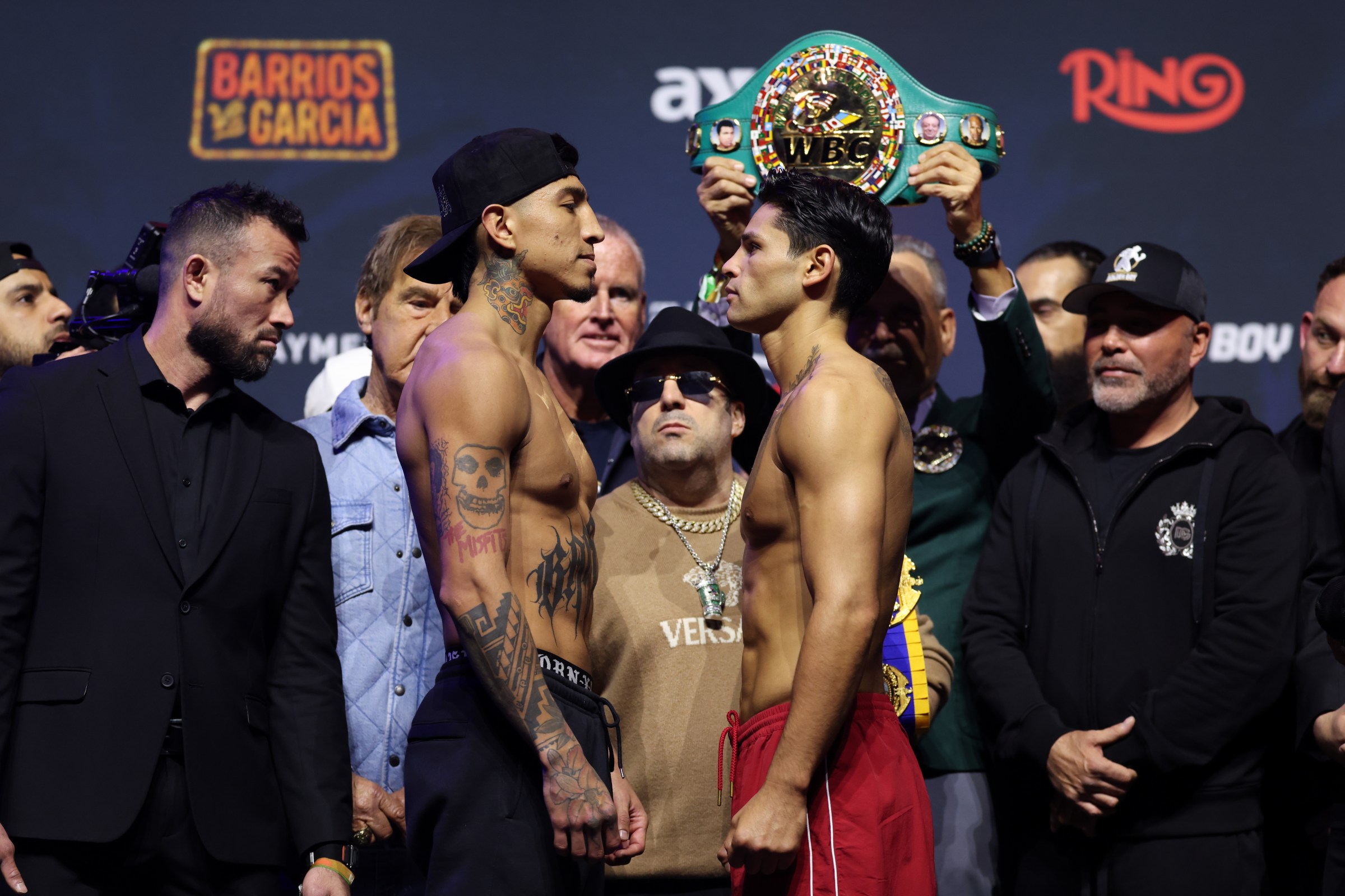 LAS VEGAS, NEVADA - FEBRUARY 20: Mario Barrios (L) and Ryan Garcia (R) face off during the weigh in ahead of their WBC Welterweight Title Fight at T-Mobile Arena on February 20, 2026 in Las Vegas, Nevada. (Photo by Cris Esqueda/Golden Boy/Getty Images)