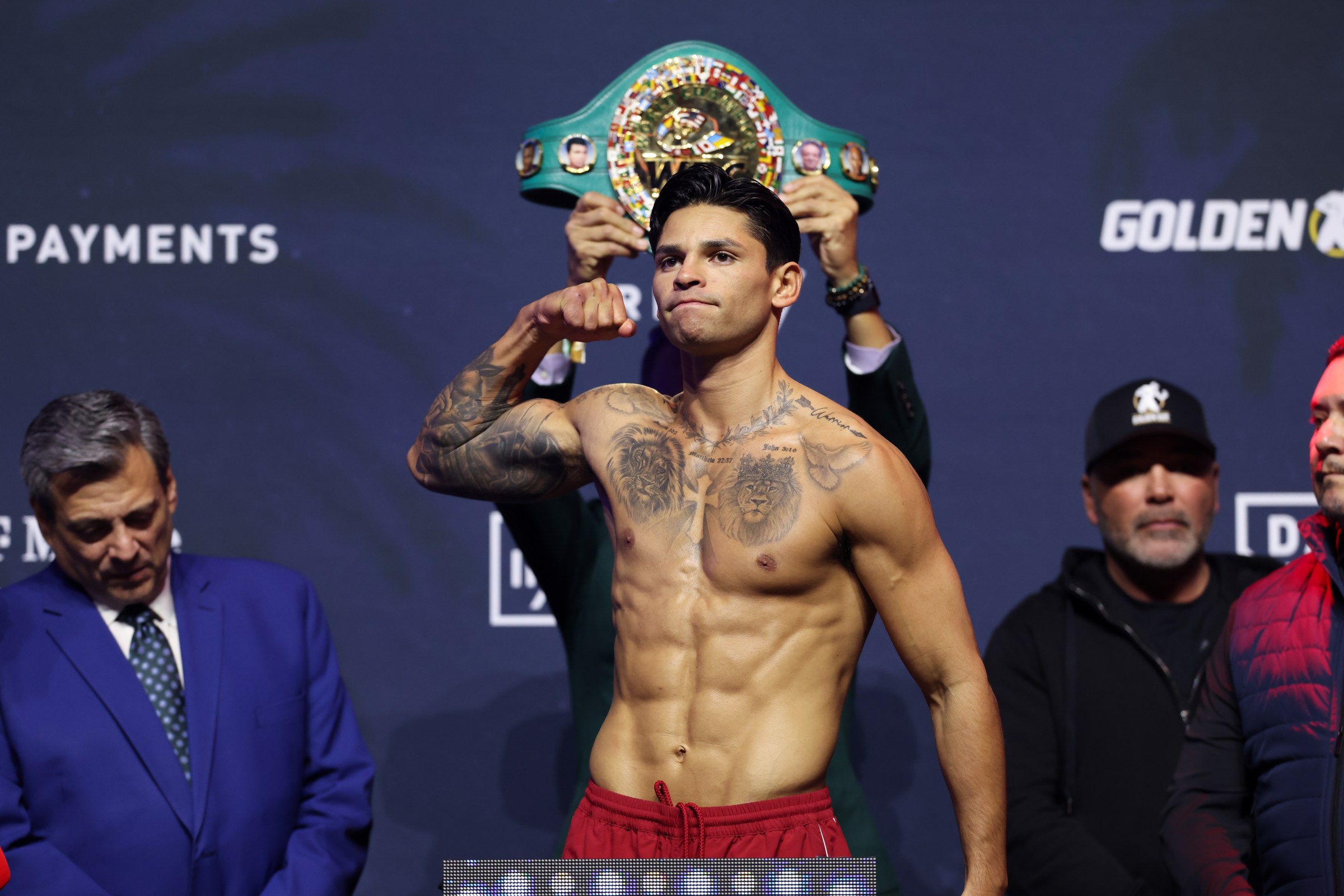 LAS VEGAS, NEVADA - FEBRUARY 20: Ryan Garcia weighs in ahead of his WBC Welterweight Title Fight against Mario Barrios at T-Mobile Arena on February 20, 2026 in Las Vegas, Nevada. (Photo by Cris Esqueda/Golden Boy/Getty Images)