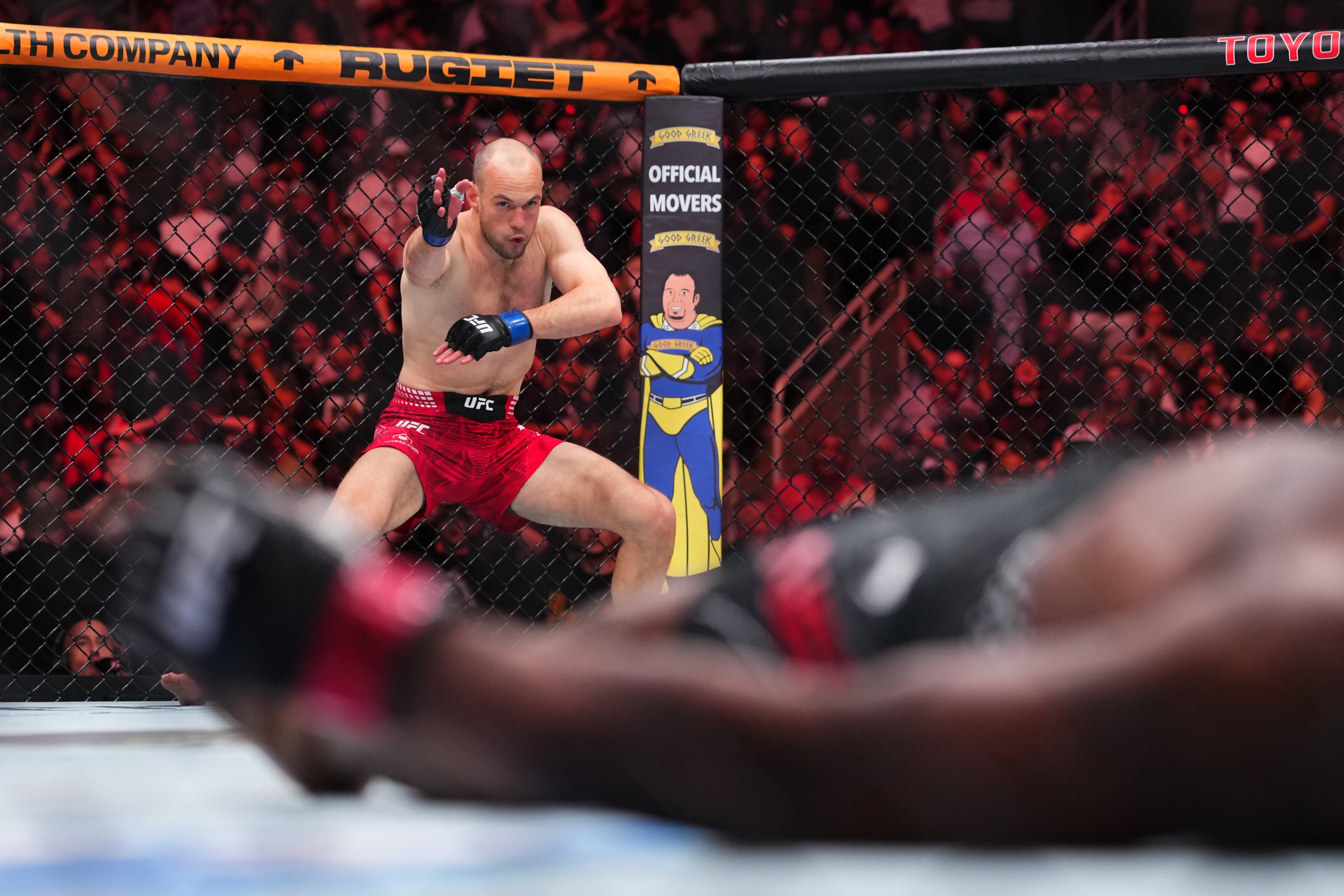 HOUSTON, TEXAS - FEBRUARY 21: Uros Medic of Serbia reacts after a knockout victory against Geoff Neal in a welterweight fight during the UFC Fight Night event at Toyota Center on February 21, 2026 in Houston, Texas. (Photo by Cooper Neill/Zuffa LLC)