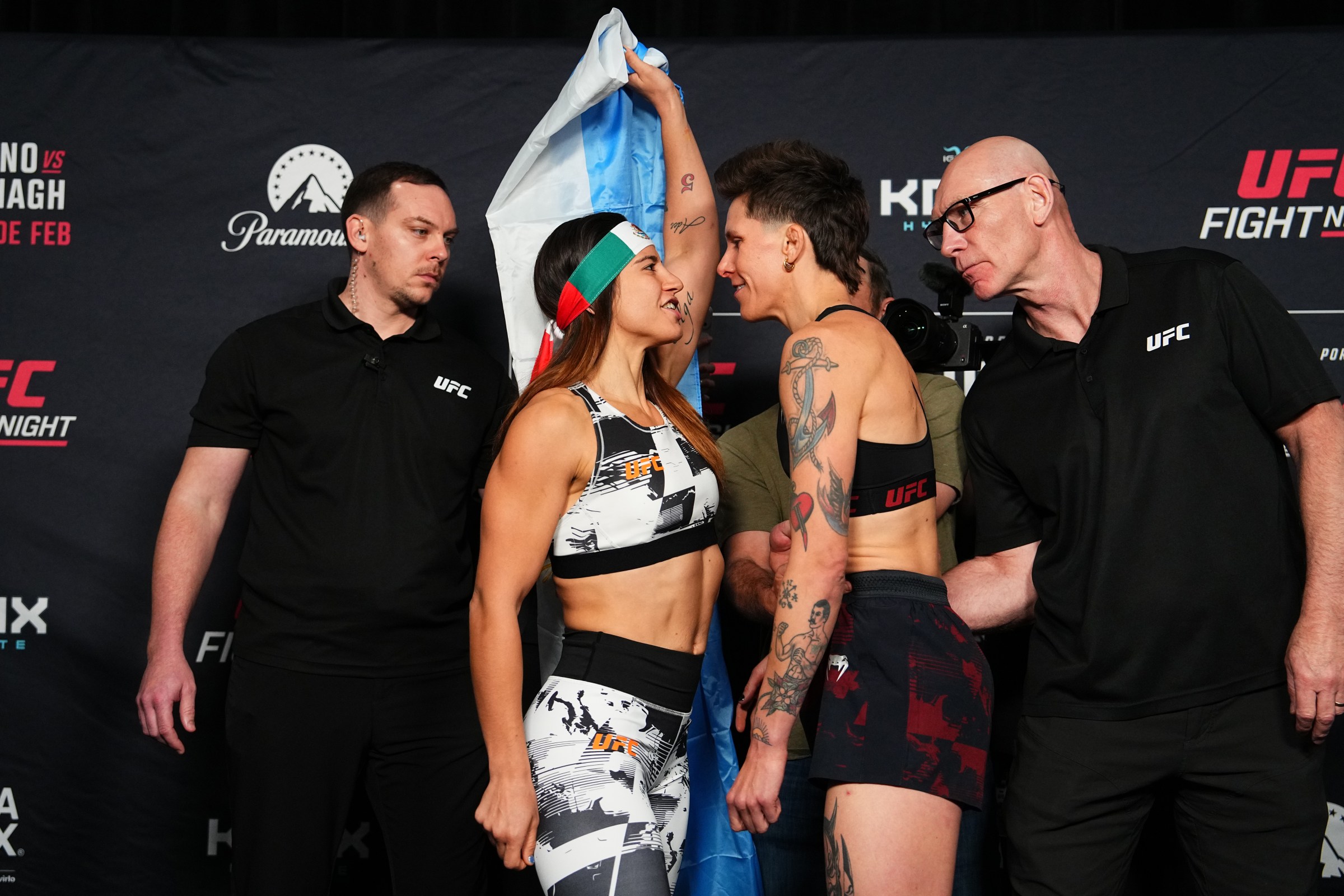 MEXICO CITY, MEXICO - FEBRUARY 27: (L-R) Ailin Perez of Argentina and Macy Chiasson face off during the UFC Fight Night official weigh-in at InterContinental Mexico City on February 27, 2026 in Mexico City, Mexico. (Photo by Jeff Bottari/Zuffa LLC)