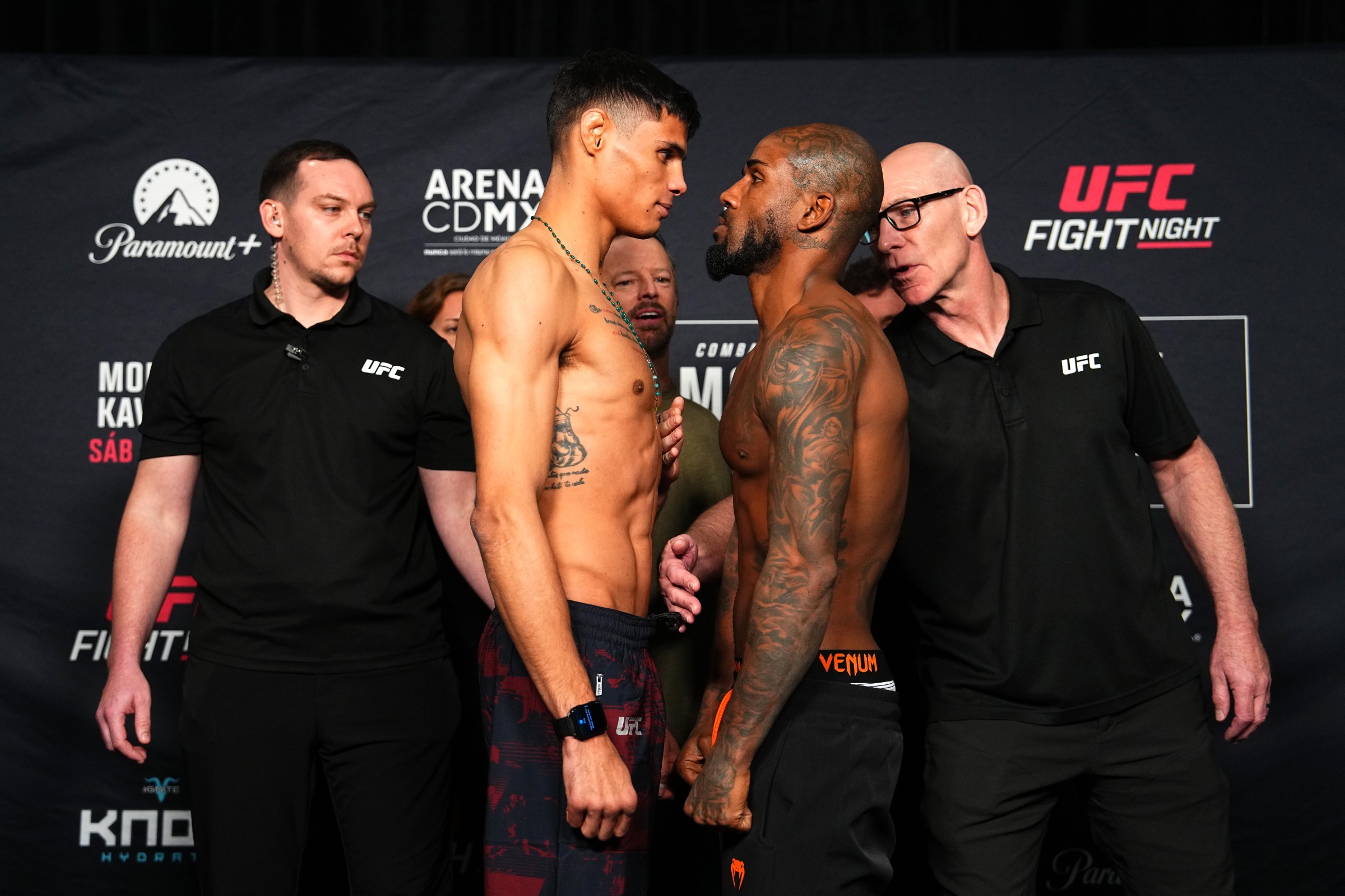 MEXICO CITY, MEXICO - FEBRUARY 27: (L-R) Daniel Zellhuber of Mexico and King Green face off during the UFC Fight Night official weigh-in at InterContinental Mexico City on February 27, 2026 in Mexico City, Mexico. (Photo by Jeff Bottari/Zuffa LLC)