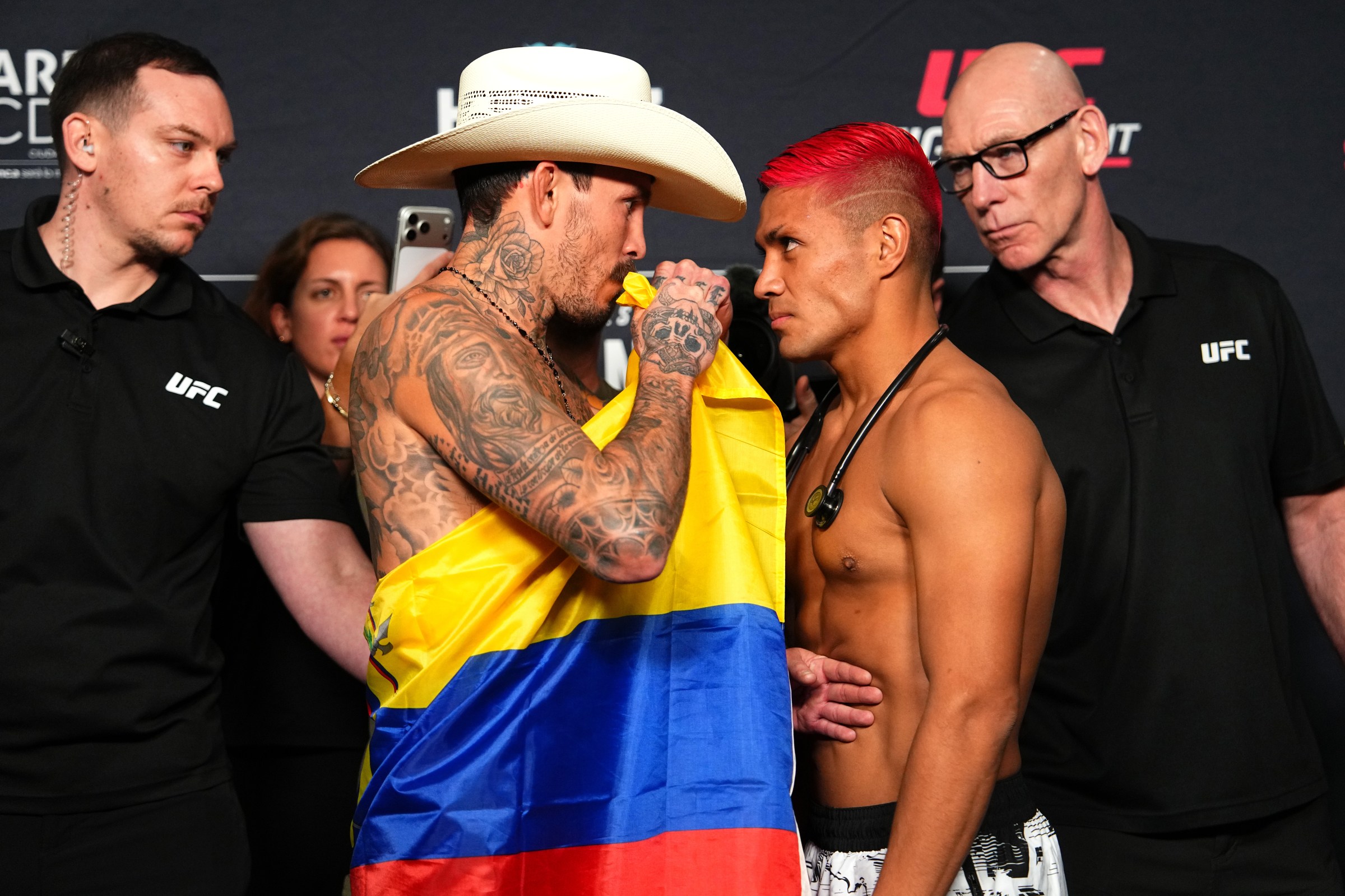 MEXICO CITY, MEXICO - FEBRUARY 27: (L-R) Marlon Vera of Ecuador and David Martinez of Mexico face off during the UFC Fight Night official weigh-in at InterContinental Mexico City on February 27, 2026 in Mexico City, Mexico. (Photo by Jeff Bottari/Zuffa LLC)