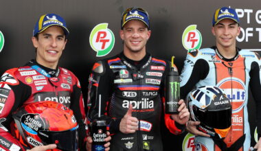Marco Bezzecchi (pole), Marc Marquez (2nd), Raul Fernandez (3rd), qualifying, 2026 Thai MotoGP.