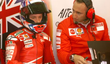 Casey Stoner with Christian Gabbarini, 2008 MotoGP French Grand Prix, pit box. Credit: Gold and Goose.
