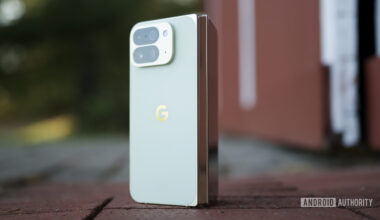 The Google Pixel 10 Pro Fold standing upright outside.