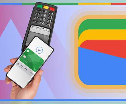 Hand holding a smartphone with Google Wallet open, tapping a payment terminal, with a large Google Wallet logo on the right