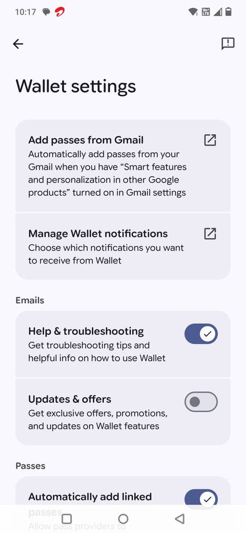 Screenshot showing the option Add passes from Gmail in Google Wallet
