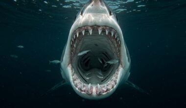 A dramatic underwater shot of a great white shark with open jaws, surrounded by small fish in the ocean.