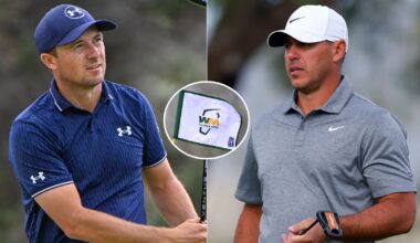 Jordan Spieth watches a tee shot, Brooks Koepka walks off the green and a WM Phoenix Open flag in the middle