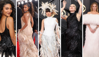 Feathers style trend at the Grammys, Paris Fashion Week, and the Wuthering Heights press tour