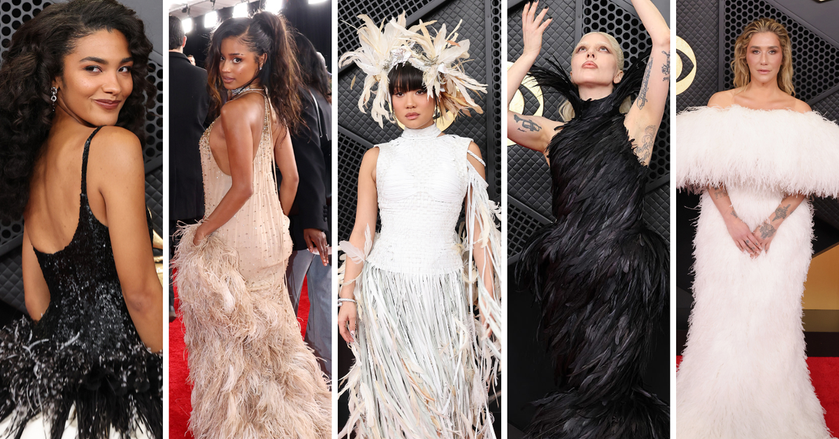 Feathers style trend at the Grammys, Paris Fashion Week, and the Wuthering Heights press tour