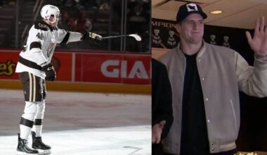 Ilya Protas points to his brother Aliaksei in the stands after scoring 18th goal of season for Hershey