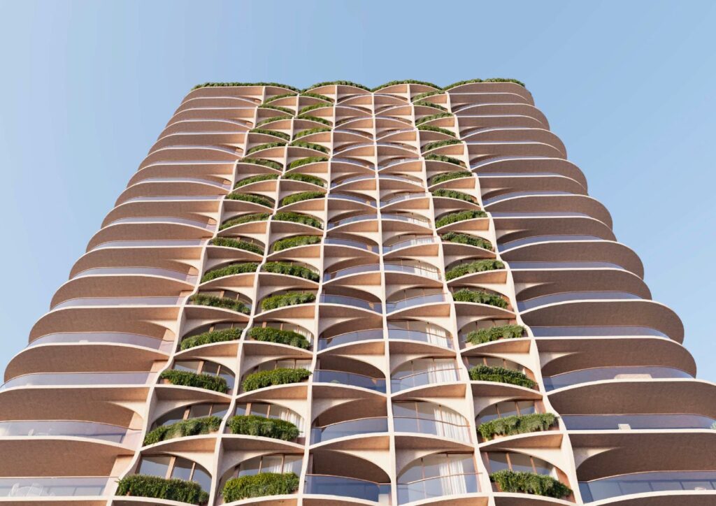 Architectural rendering of the external built form of the proposed Bloom development, viewed from the surrounding streets and river corridor.