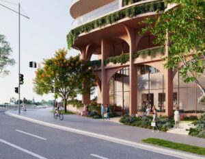 Architectural rendering of the podium level and ground plane of the proposed Bloom development, showing landscaped public realm areas and building interface.