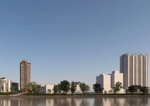 Architectural rendering of the external built form of the proposed Bloom development, viewed from the surrounding streets and river corridor.