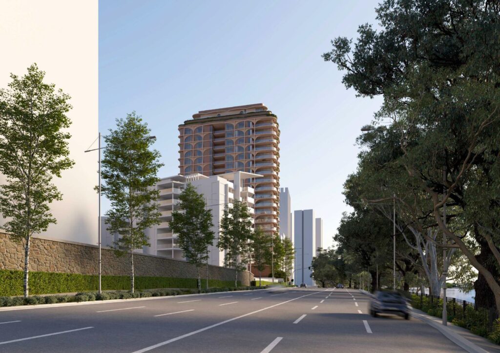 Architectural rendering of the external built form of the proposed Bloom development, viewed from the surrounding streets and river corridor.