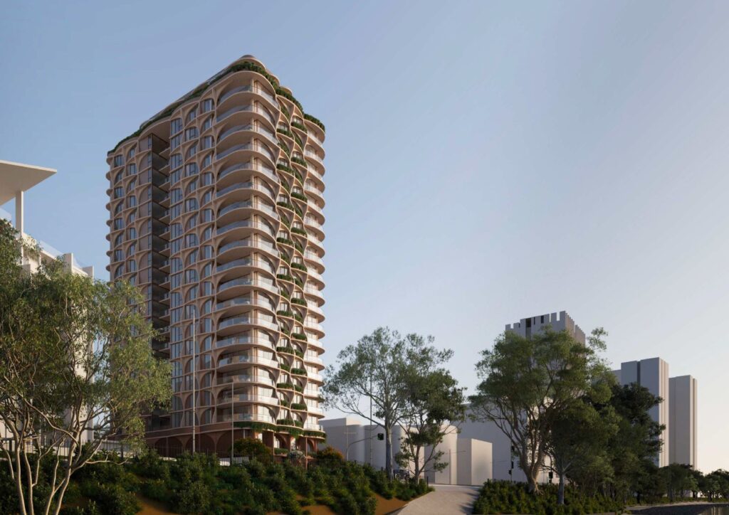 Architectural rendering of the external built form of the proposed Bloom development, viewed from the surrounding streets and river corridor.